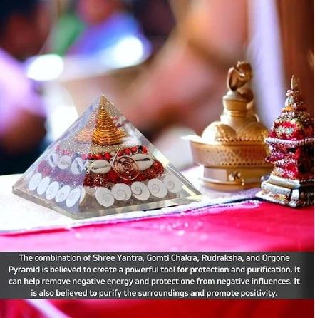 Crystal Wealth Orgone Pyramid - 4 inch Approx Crystal Natural Gomati Chakra with Shree Yantra Pyramid, Success, Prosperity