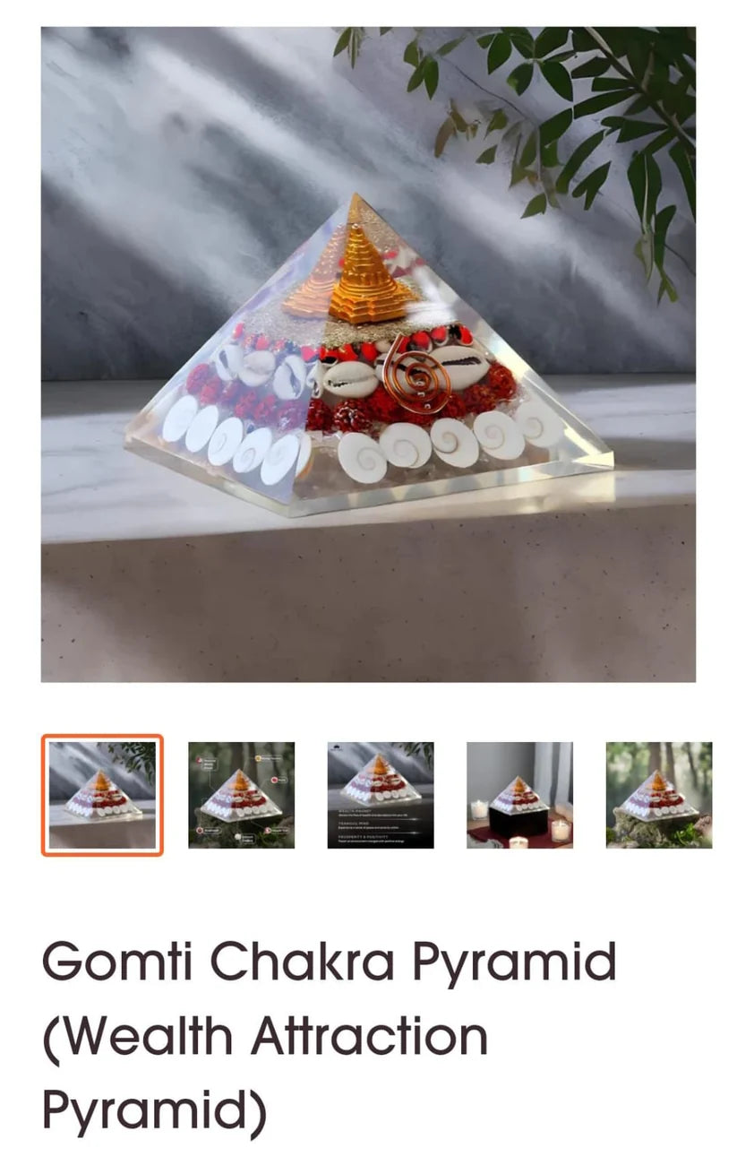 Crystal Wealth Orgone Pyramid - 4 inch Approx Crystal Natural Gomati Chakra with Shree Yantra Pyramid, Success, Prosperity
