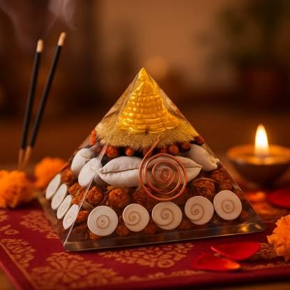 Crystal Wealth Orgone Pyramid - 4 inch Approx Crystal Natural Gomati Chakra with Shree Yantra Pyramid, Success, Prosperity